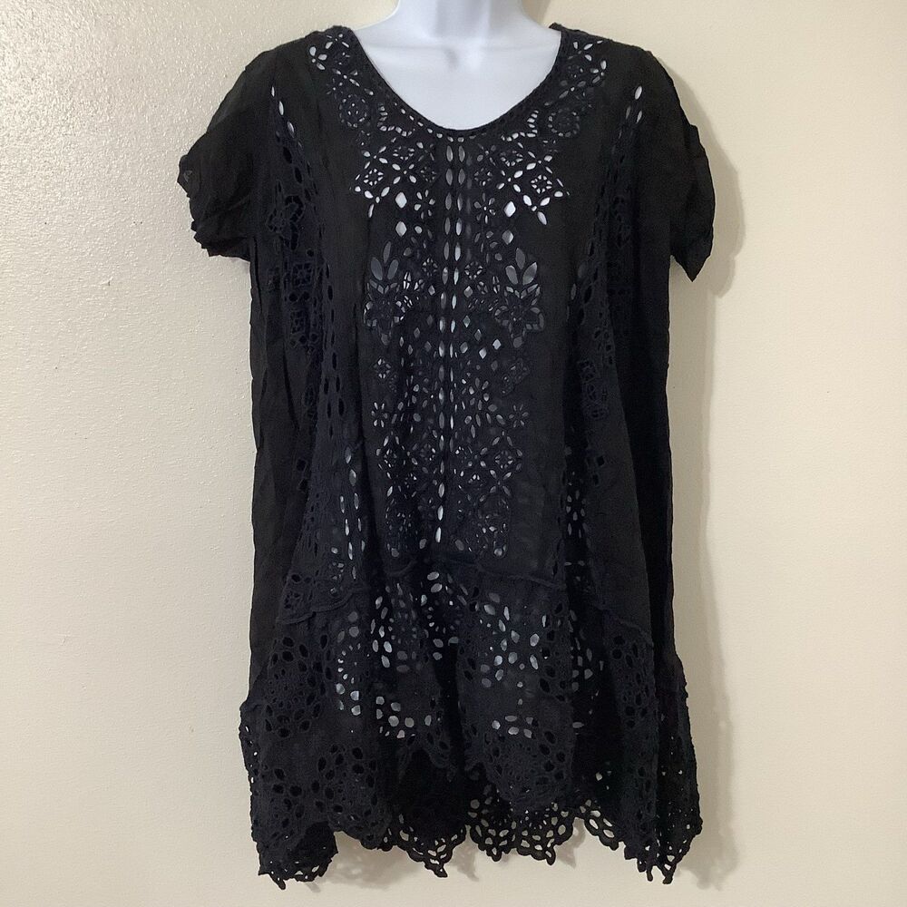 Johnny Was Pippa Tunic Small Black Eyelet Lace Boho Summer Witchy Whimsigoth